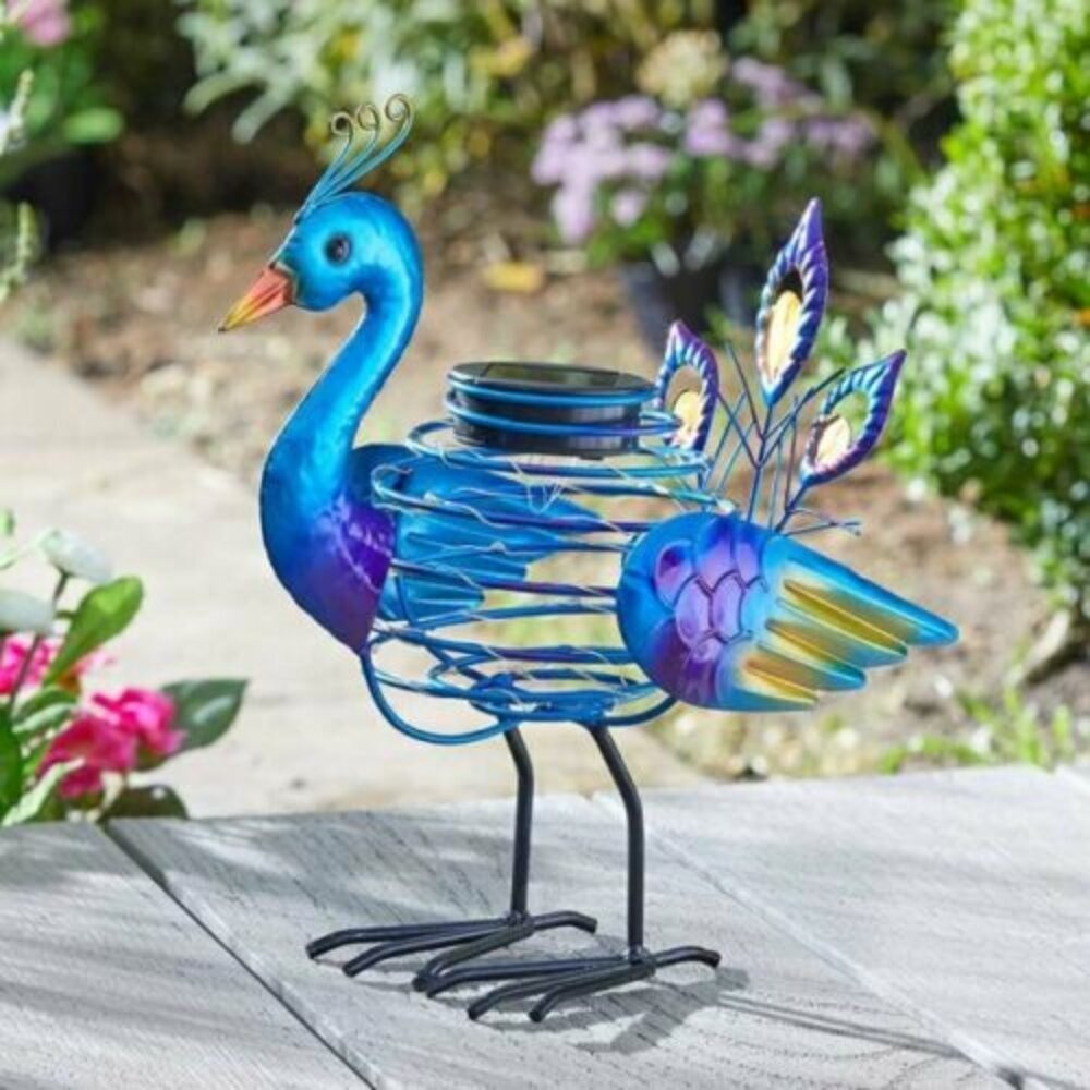 Solar Powered Peacock Spiral Light Outdoor Garden Decor Exotic Bird Statue LED