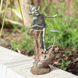Bronze Effect Elf & Mushroom Garden Ornament Pixie Statue Novelty Fairy Figure