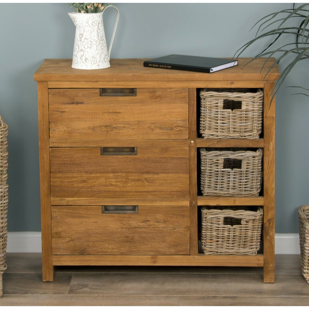 Reclaimed Teak Storage Unit With 3 Drawers Plus 3 Natural Wicker Baskets