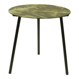 40Cm Glass Round Side Table Leafy Floral Print Tray Top 3 Metal Leg Coffee Table
