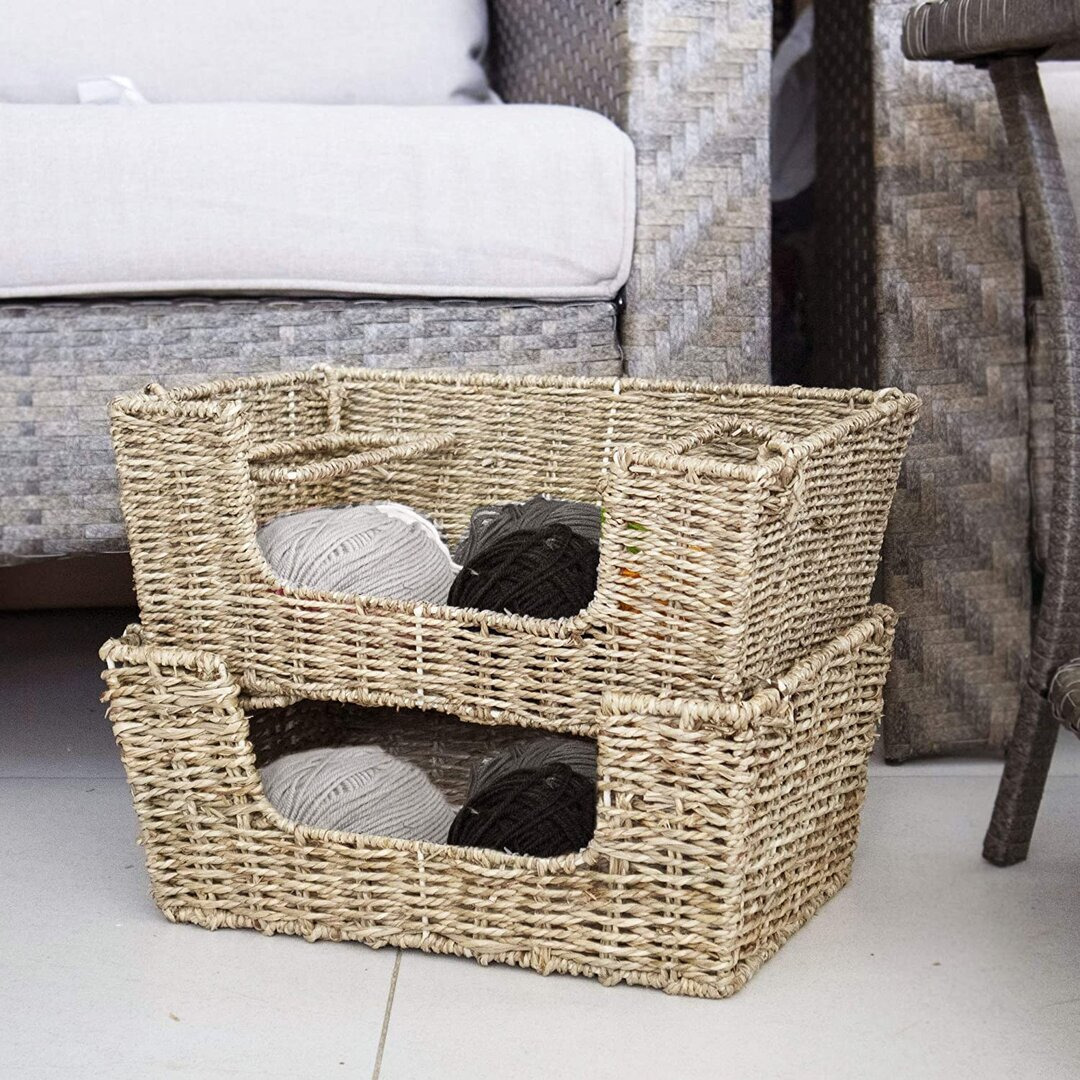 Set Of 2 Wicker Woven Stacking Storage Basket Organizers With Handles - Food, Fruit, Vegetable Storage Bins For Kitchen, Pantry And Home Decor