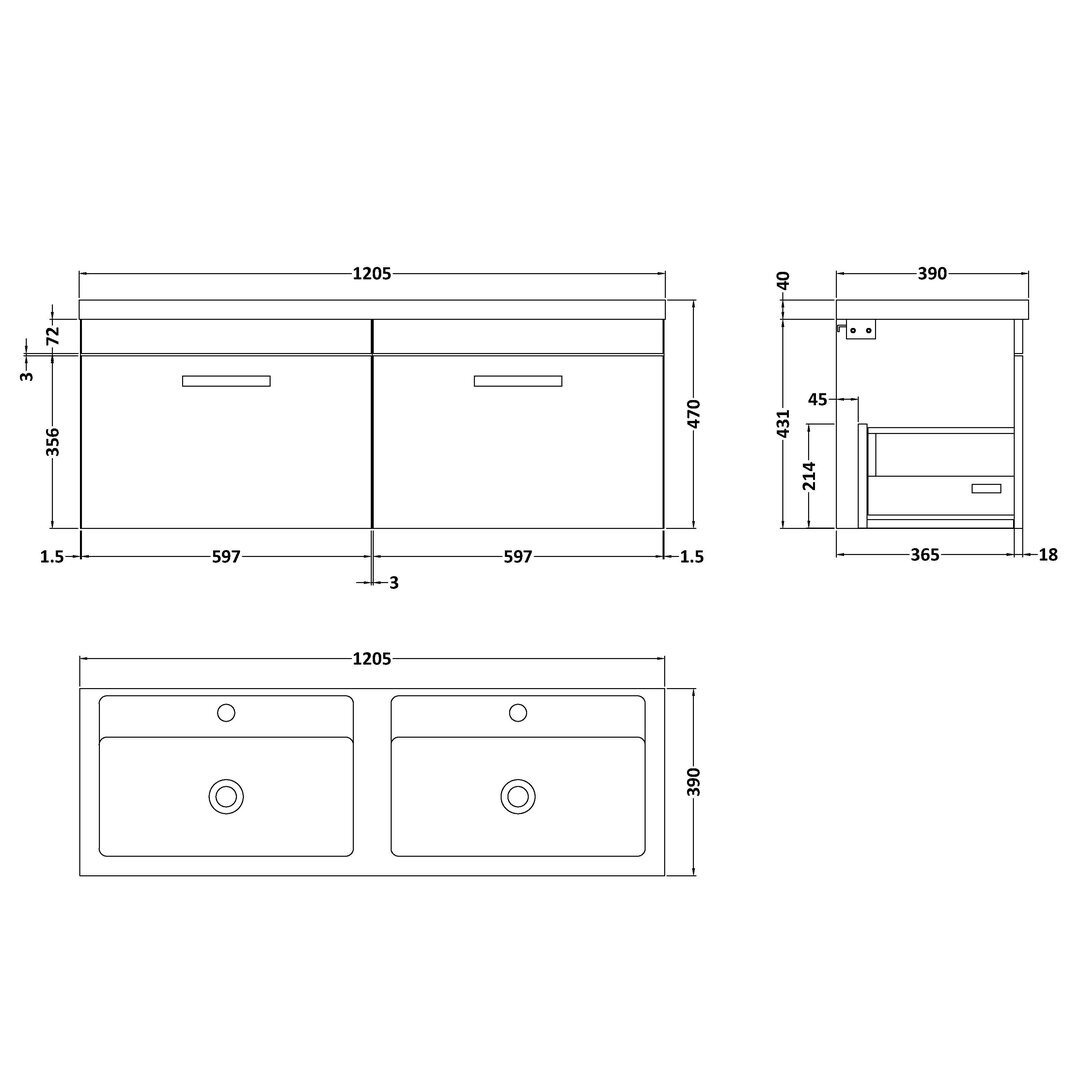 1208mm Wall Hung Double Vanity Unit