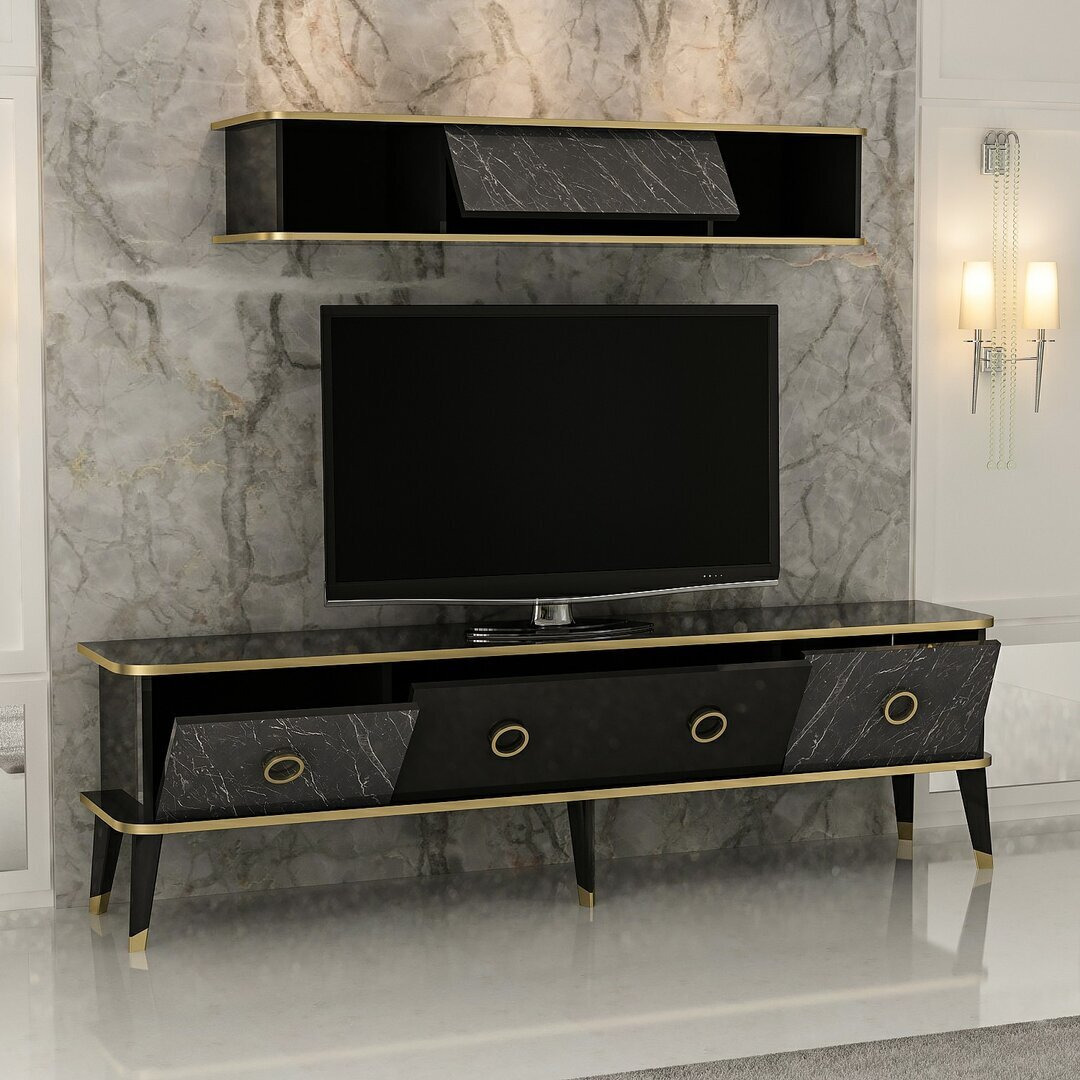 Bien Modern Marble Look TV Unit - Glossy Black With Gold Frame
