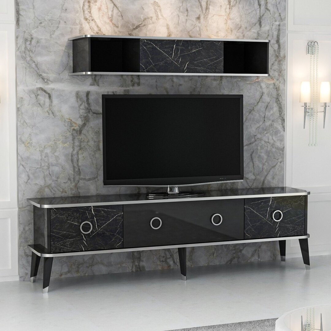 Bien Modern Marble Look TV Unit - Glossy Black With Gold Frame