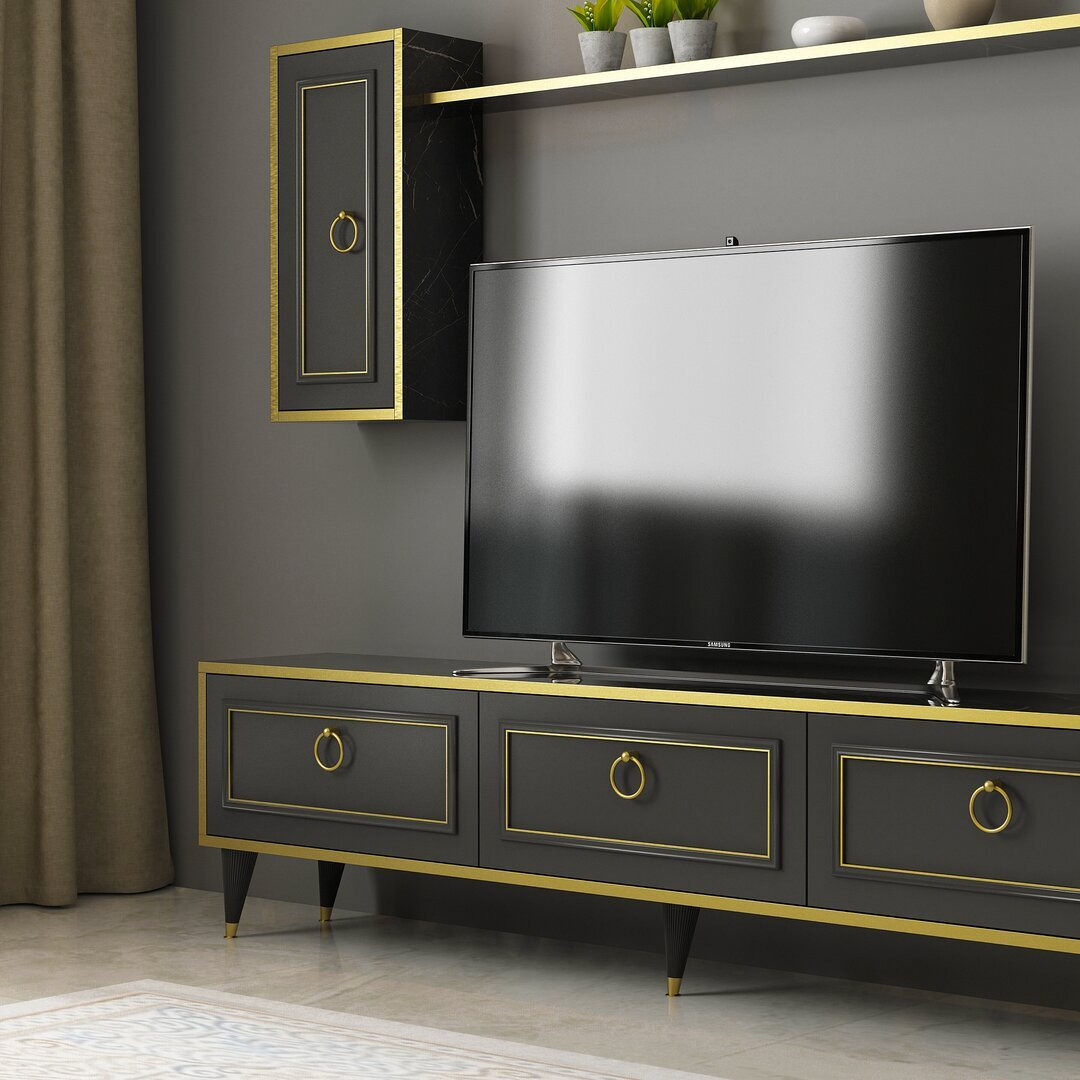 Escobar TV Unit Black Marble Look With Gold Frame