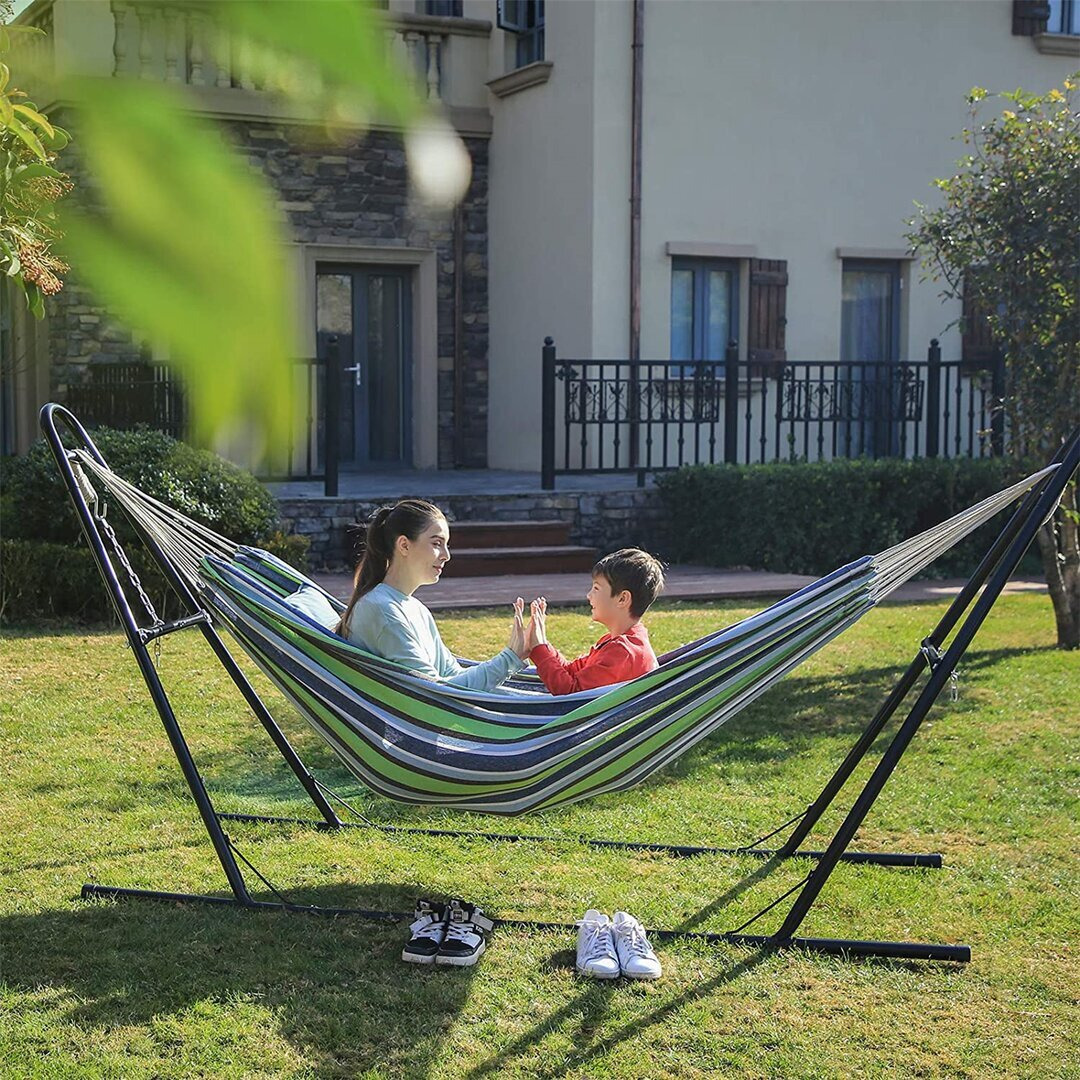 Hammock With Stand, 210 X 150 Cm Hammock, Double-Rail Metal Frame With Extended Feet, Load Capacity 250 Kg, Garden, Outdoor, Black Stand And Blue And