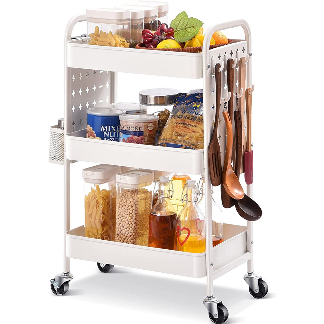 3-Tier Rolling Cart,Storage Trolley With DIY Dual Pegboards On 2 Sides,Utility Cart With Removable Baskets Hooks, Serving Storage Cart Easy Assemble F
