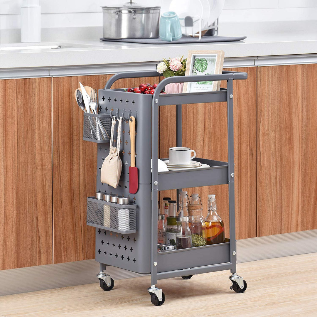 Storage Trolley, 3-Tier Rolling Cart, Utility Cart Metal Shelving With Peg Board Hooks Baskets Handles Locking Wheels, Mobile Storage Rack For Kitchen
