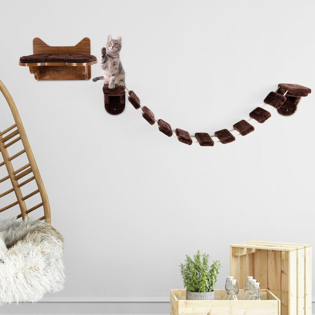 Wall-Mounted Cat Climbing Frame Wooden Furry Cat Bed With Ladder Walkway Durable & Stable Cat Bridge Activity Center For Indoor Cat