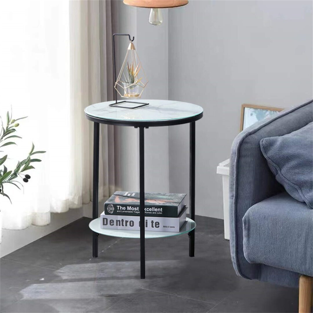 Marble Effect Side Table Small Round Coffee Table End Table Metal Bedside Table With 2 Tier Storage For Living Room Bedroom