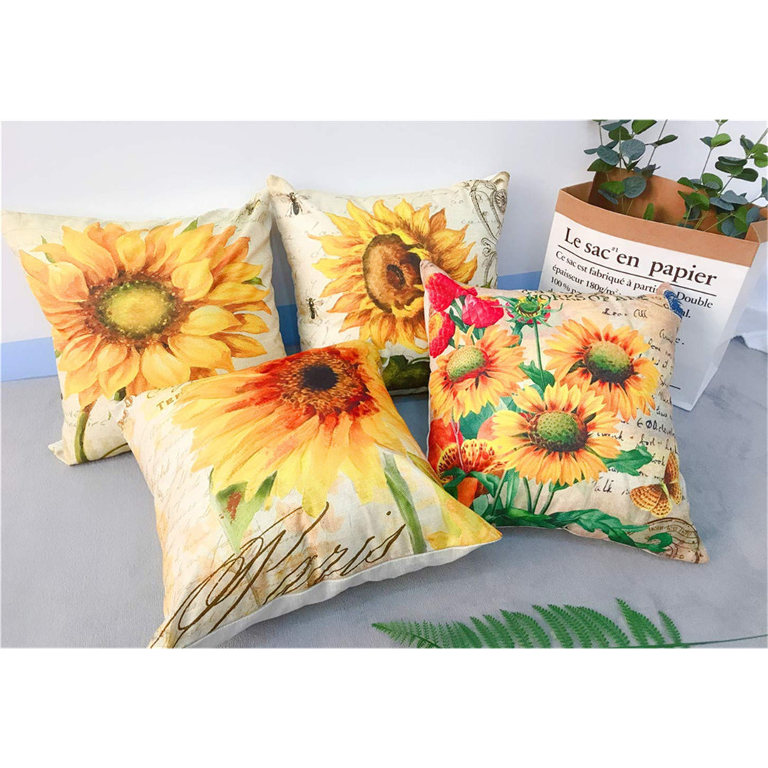 Set Of 4 Sunflowers Pillow Cases, Throw Cushion Cover Cotton Linen Pillowcase Home Decoration,45X45cm