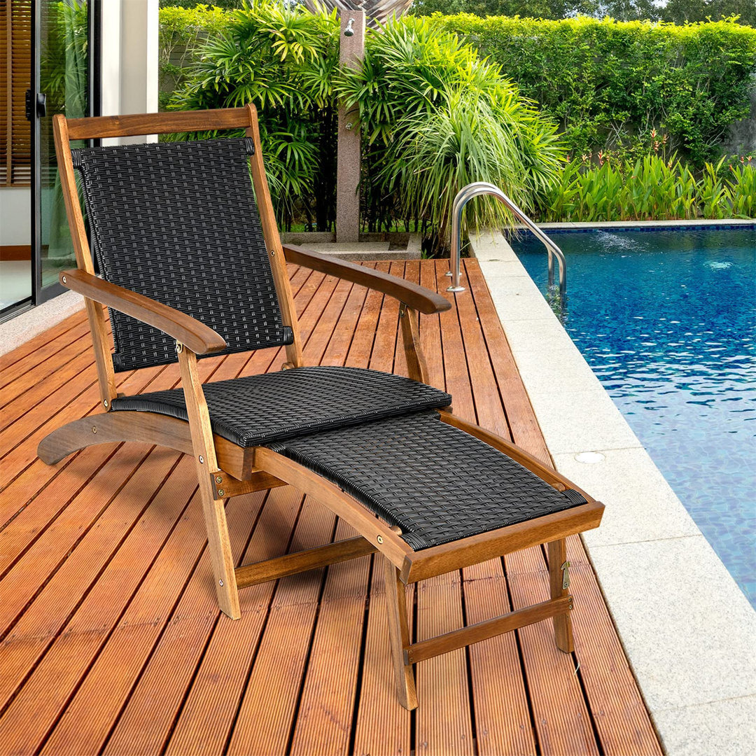 Folding Sun Lounger, Acacia Wood Rattan Deck Reclining Chair With Retractable Footrest, Outdoor Chaise Lounge Recliner Leisure Sunbed For Garden Patio