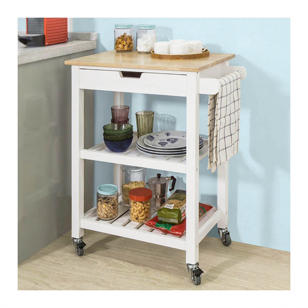 Faatima 65 Cm' Kitchen Trolley Solid Wood Top and Locking Wheels