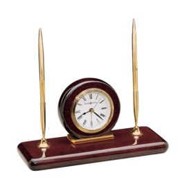 Traditional Analog Wood Quartz Alarm Tabletop Clock in Rosewood Hall/Polished Brass