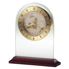 World Time Traditional Analog Wood Quartz Alarm Tabletop Clock in Clear
