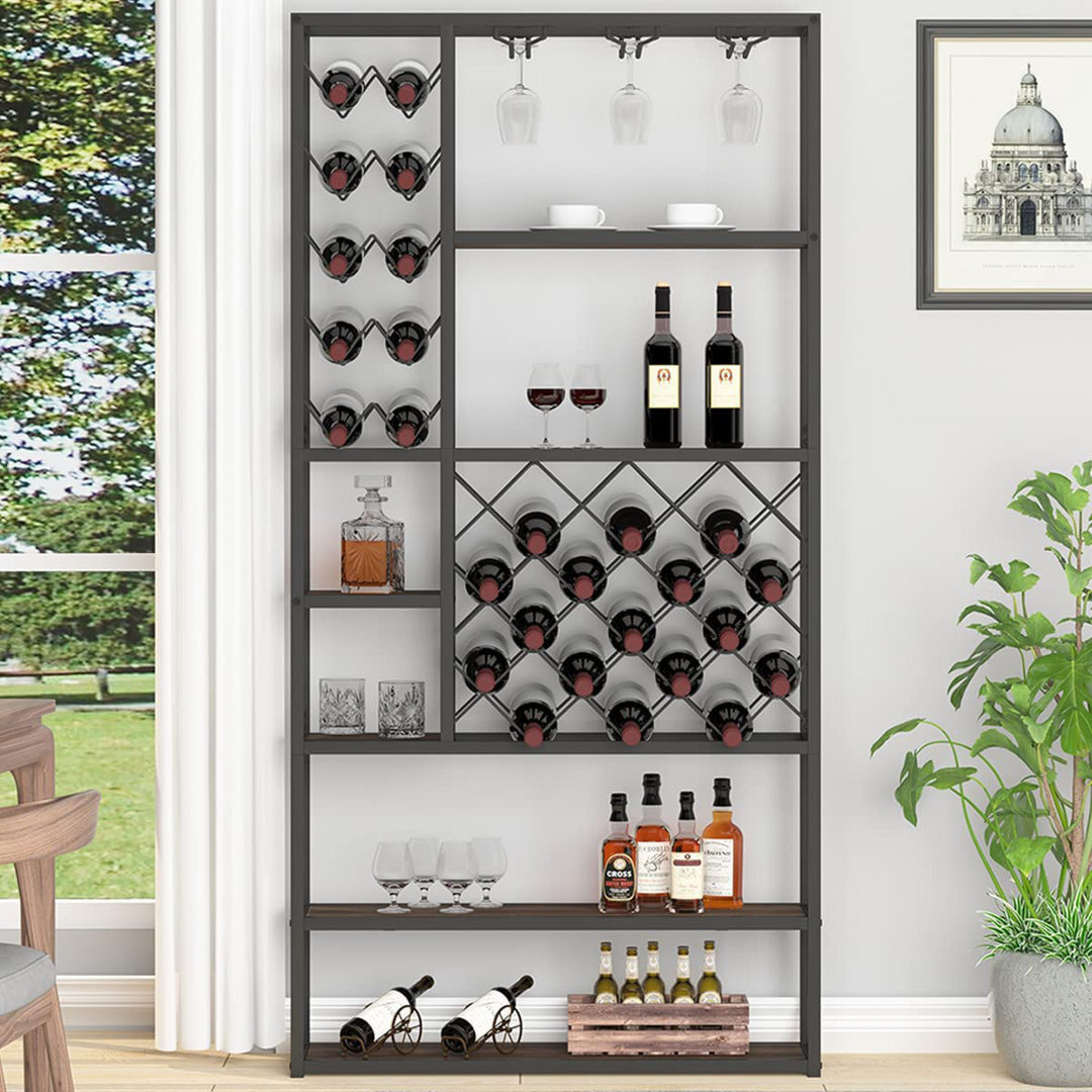 Rustic Wine Rack Freestanding Floor, Industrial Modern Wine Bakers Rack, Farmhouse Wood And Metal Wine Bar Cabinet With Wine Storage And Glass Holder