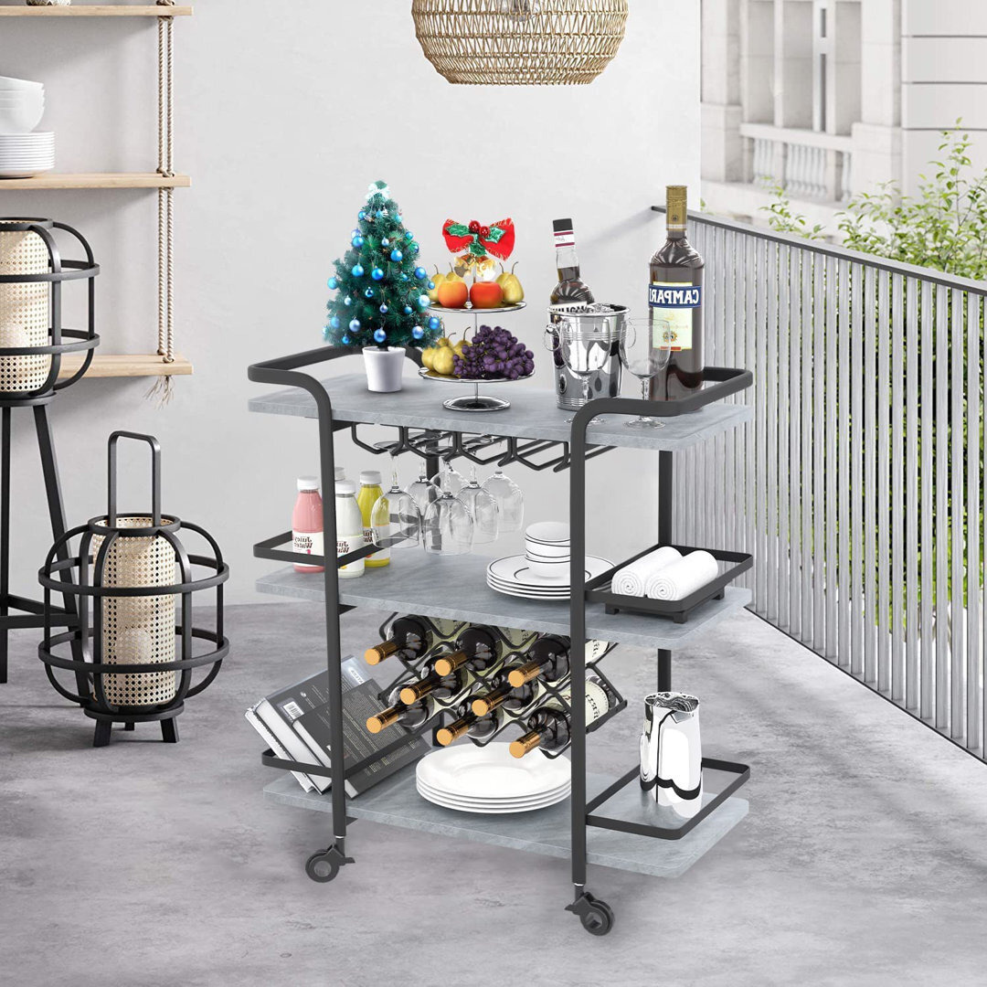 Bar Serving Cart Mobile Kitchen Trolley Wine Cart, 3 Tiers Storage Shelf With Glass Holder, Wine Rack, Locking Casters, Dark Grey Finish Top And Black