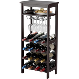 Bamboo Wine Rack, Free Standing Wine Display Shelves With Glass Holder Rack, Open Shelf & 16 Bottles Holder, Wobble-Free Wine Bottle Organizer Shelf,
