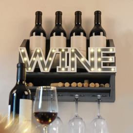 LED Wooden Wall Mounted Wine Rack And Glass Holder Rustic Wine Bottle & Glass Holder & Wine Cork Storage Modern Home Decor 5 Bottle And 4 Glass Holder