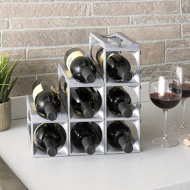 Stackable Modular Wine Rack - 12 Bottle Set (9 Modules, 3 Top Plates) Silver. Store Up To 12 Bottles. Great For Organizing And Creating Storage Space