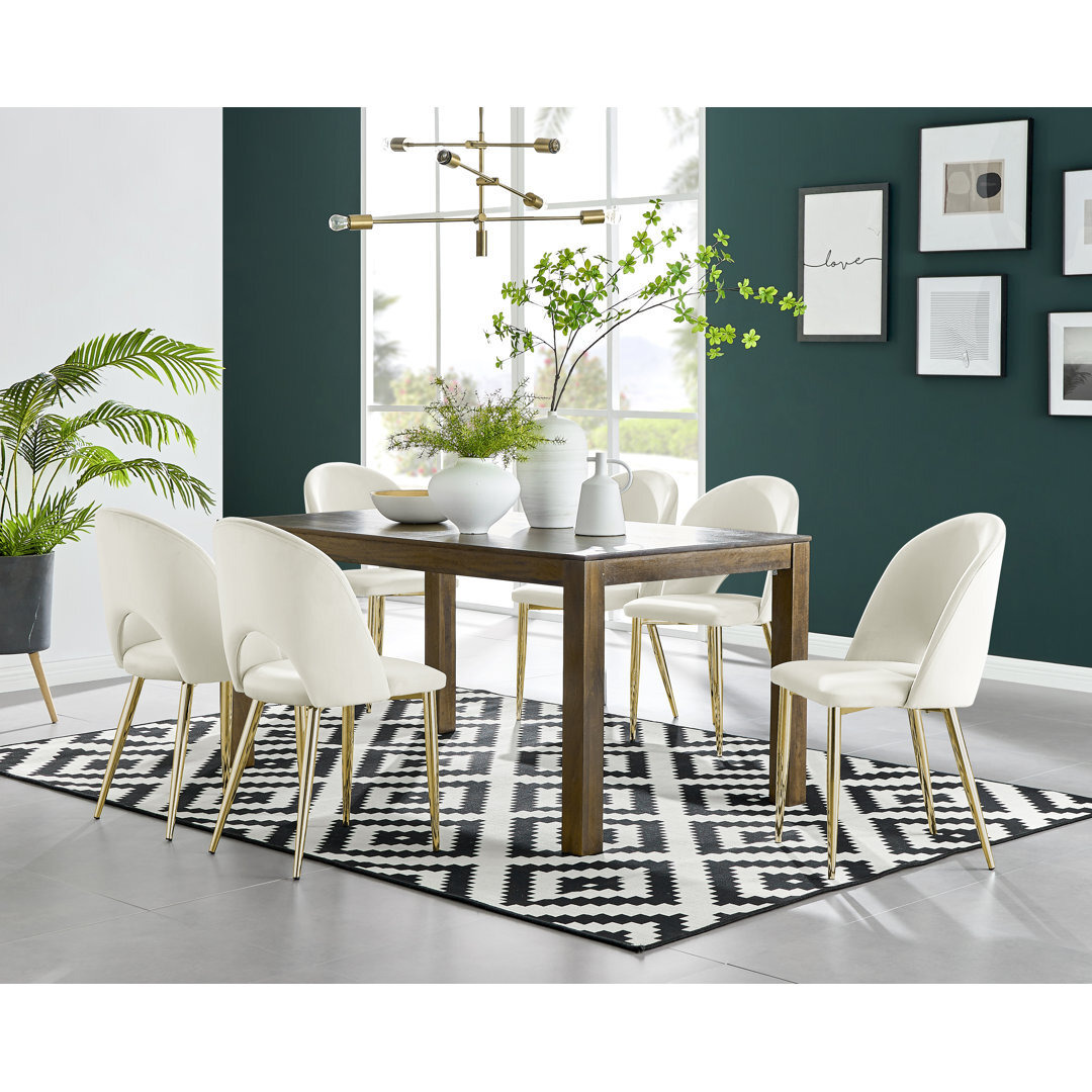 Anders Dark Walnut Solid Wood Dining Table & 6 Cream Arlon Gold Leg Chairs