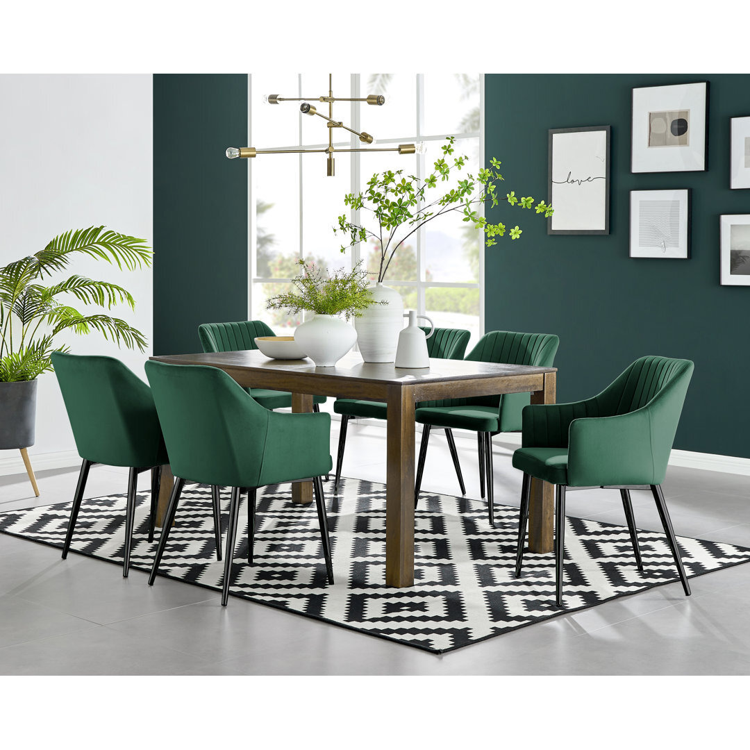 Anders Dark Walnut Solid Wood Dining Table Set with 6 Luxury Modern Velvet Dining Chairs