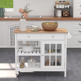 Rolling Kitchen Island, Portable Kitchen Cart Wood Top Kitchen Trolley With Drawers And Glass Door Cabinet, Wine Shelf, Towel Rack, White