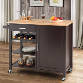 Kitchen Island Cart Rolling Serving Cart Wood Trolley With Drawer, Storage Cabinet, Wine Bottle Rack, Towel Rack And Lockable Wheels (Brown)