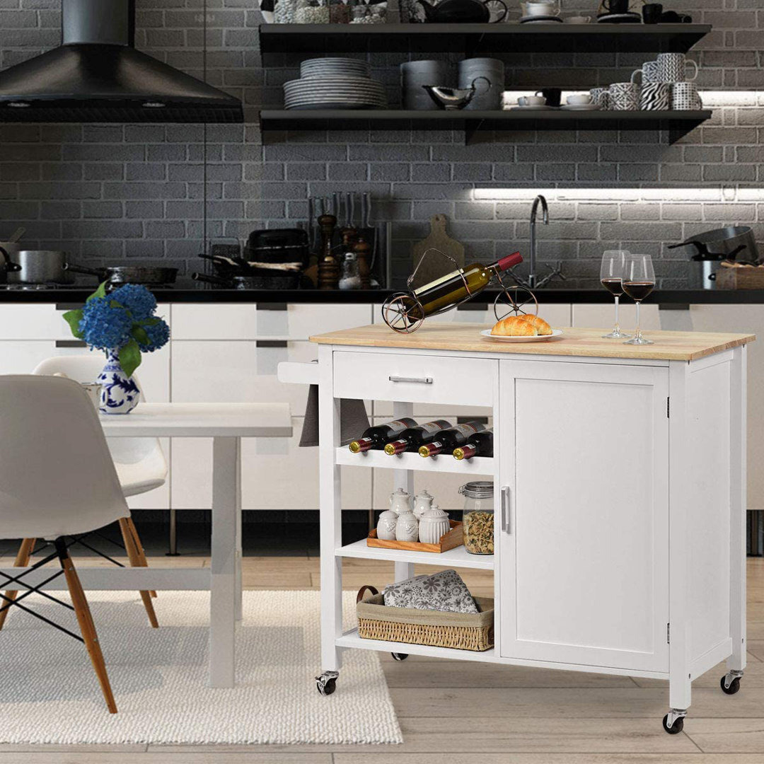 Kitchen Island Cart Rolling Serving Cart Wood Trolley With Drawer, Storage Cabinet, Wine Bottle Rack, Towel Rack And Lockable Wheels (Brown)