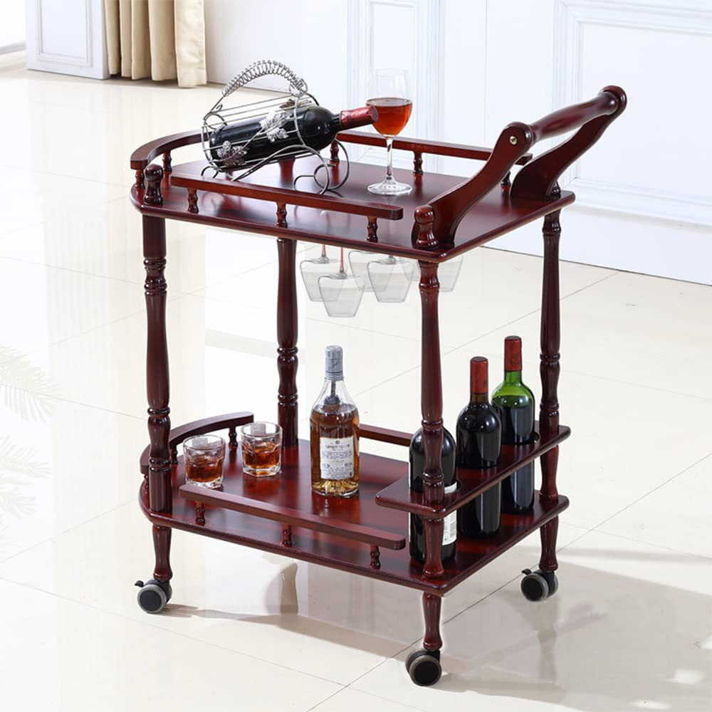 Bar Cart,Wood 2-Tier Bar Carts For The Home With Wine Rack Guardrail And Armrest,Manual Carving Vintage Style,Bar Serving Cart On Wheels With Brake Fu