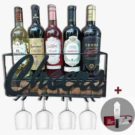 Wine Rack Wall Mounted -Cheers- Metal Wine Rack, Bottle & Glass Holder-Cork StorageStore Best 5 Red, White-Bonus Wine Aerator & Pourer Spout-Great Gif