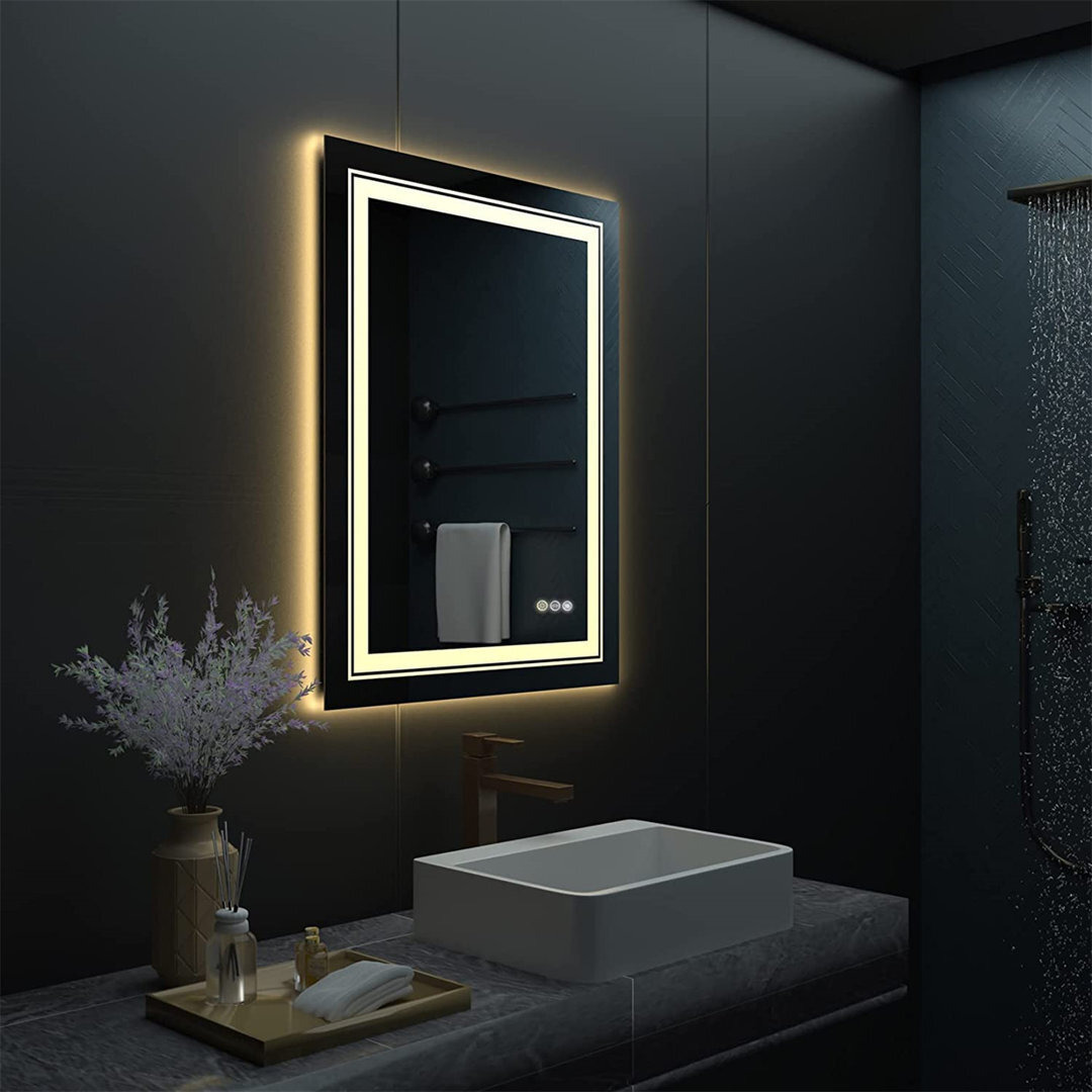 Illuminated Bathroom Mirror, 800X600mm Dimmable LED Lighted Wall Mounted Vanity Mirror With Demister Pad And Smart Touch Switch Front Lighted And Back