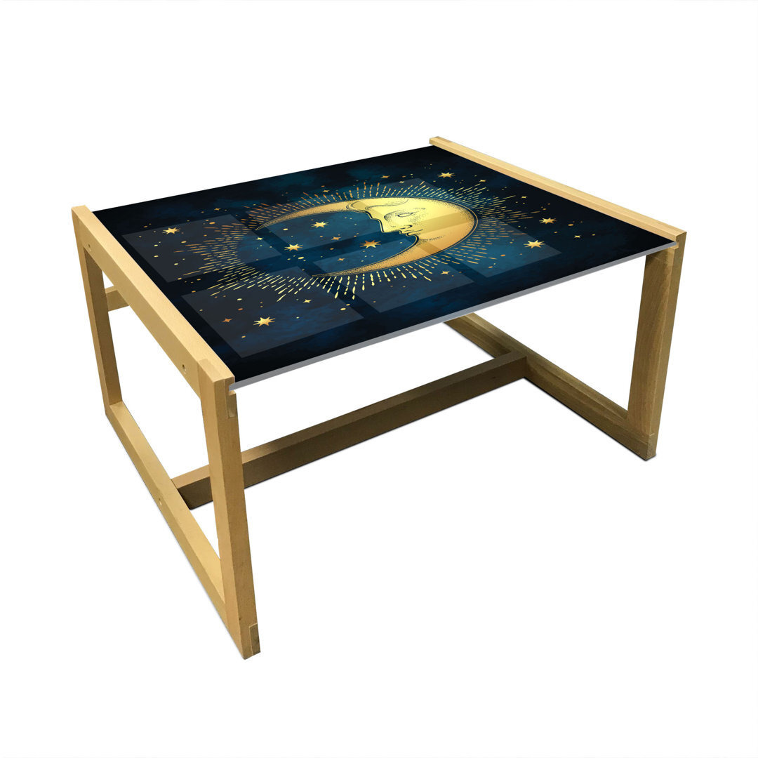 Celestial Coffee Table, Crescent And Antique Style Rays, Acrylic Glass Center Table With Wooden Frame For Offices Dorms Teal Coffee