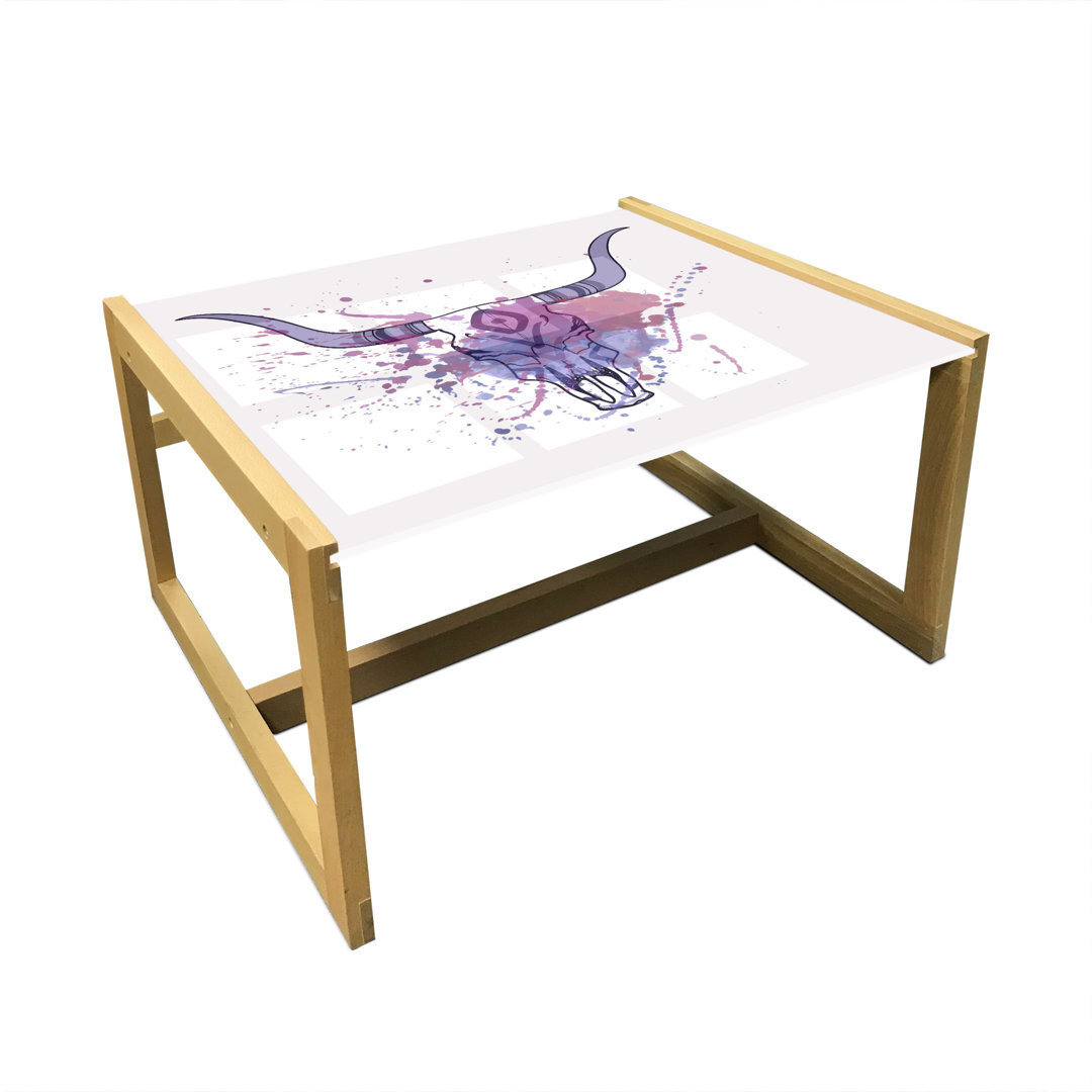 Longhorn Coffee Table, Graphic Of Bull Skull With Paint Splashes In Purple Tones, Acrylic Glass Center Table With Wooden Frame For Offices Dorms Eggsh