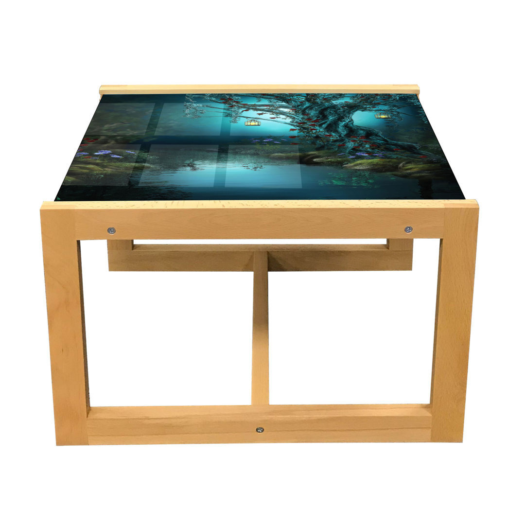 Night Ocean Coffee Table, Digitally Generated Forest Illustration Print, Acrylic Glass Center Table With Wooden Frame For Offices Dorms Multicolor