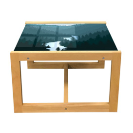 Woodsy Coffee Table, Mountainous Scene With Forest And River, Acrylic Glass Center Table With Wooden Frame For Offices Dorms Petrol Blue Dark Teal