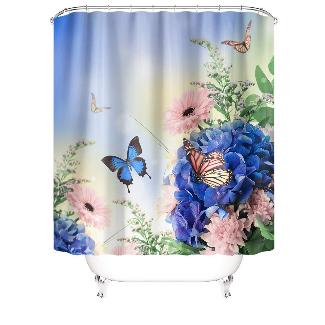 Ishaani 13 Piece Floral and Butterfly Polyester Shower Curtain Set + Hooks
