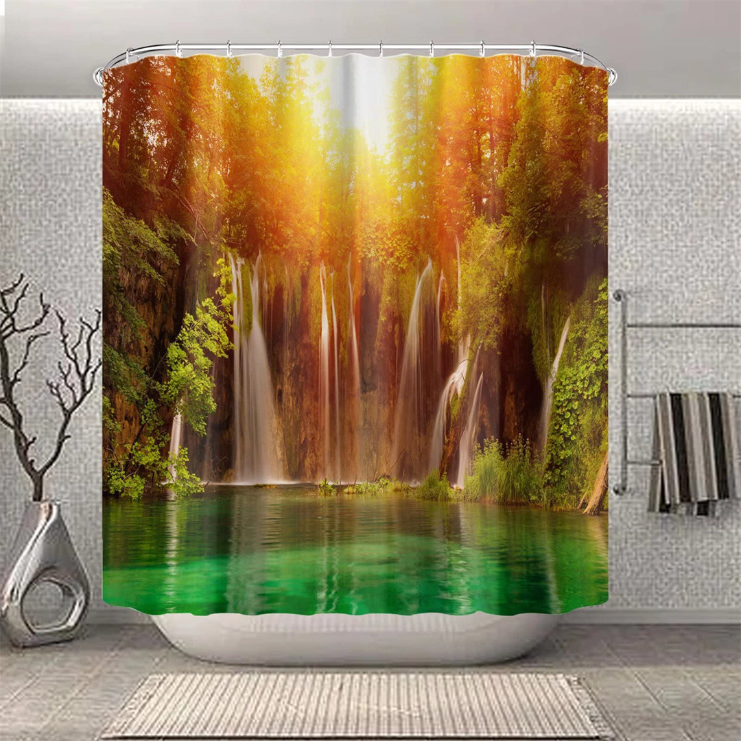 Jahtavious 13 Piece Waterfall & Forest and Sunset Polyester Shower Curtain Set + Hooks