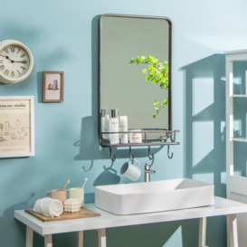 Rectangle Vanity Mirror Wall-Mounted Bathroom Mirror W/ Shelf & 4 Hooks