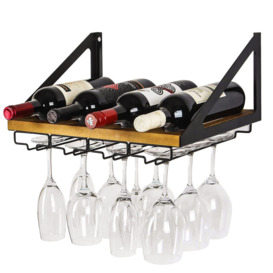 Comobabi 4 Bottle Wall Mounted Wine Bottle and Glass Rack in Black/Brown