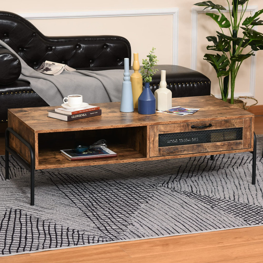 Industrial Coffee Table With Drawer And Open Storage Compartment, Metal Legs, For Living Room, Rustic Brown