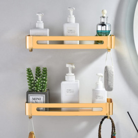 Shower Caddy No Drilling, Champagne Gold Bathroom Shelf Wall Mounted Adhesive Shower Organiser Shelves With Hooks Metal Bathroom Storage Basket For Wa