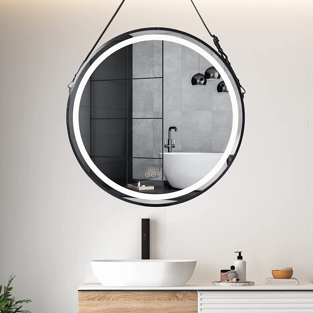 Adwaith Round LED Illuminated Bathroom Mirror Framed With Hanging Belt