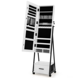 Mobile Jewelry Cabinet, Floor Standing Lockable Jewelry Armoire With Full Length Mirror, Drawer And Wheels, Makeup Jewellery Storage Organiser Unit Fo