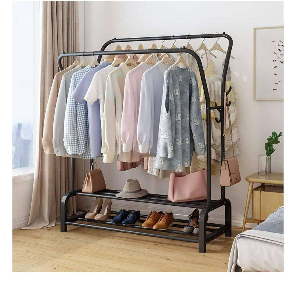 Metal Garment Rack Freestanding Hanger Double Rails, Heavy Duty Drying Rack With 2-Tier Lower Storage Shelf, Hanging Clothes Rail For Bedroom Black