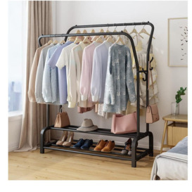 Metal Garment Rack Freestanding Hanger Double Rails, Heavy Duty Drying Rack With 2-Tier Lower Storage Shelf, Hanging Clothes Rail For Bedroom Black
