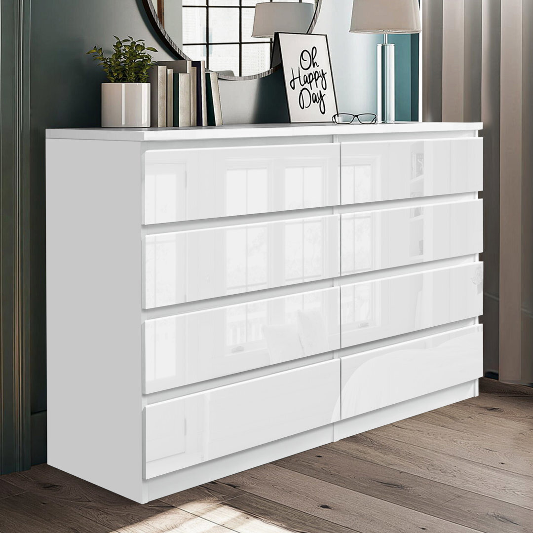 Aksa High Gloss 8 Drawer Chest of Drawers
