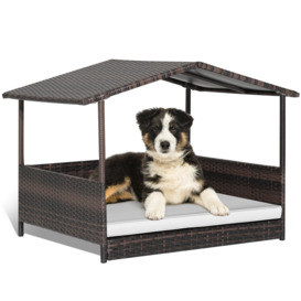 Wicker Dog House Raised PE Rattan Dog Bed With Roof & Detachable Soft Cushion