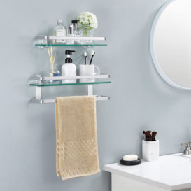 Bathroom Shelf Wall Mounted, Glass Bathroom Shelf With Towel Rail, 2 Tier Aluminum & Tempered Glass Bathroom Shelves Silver