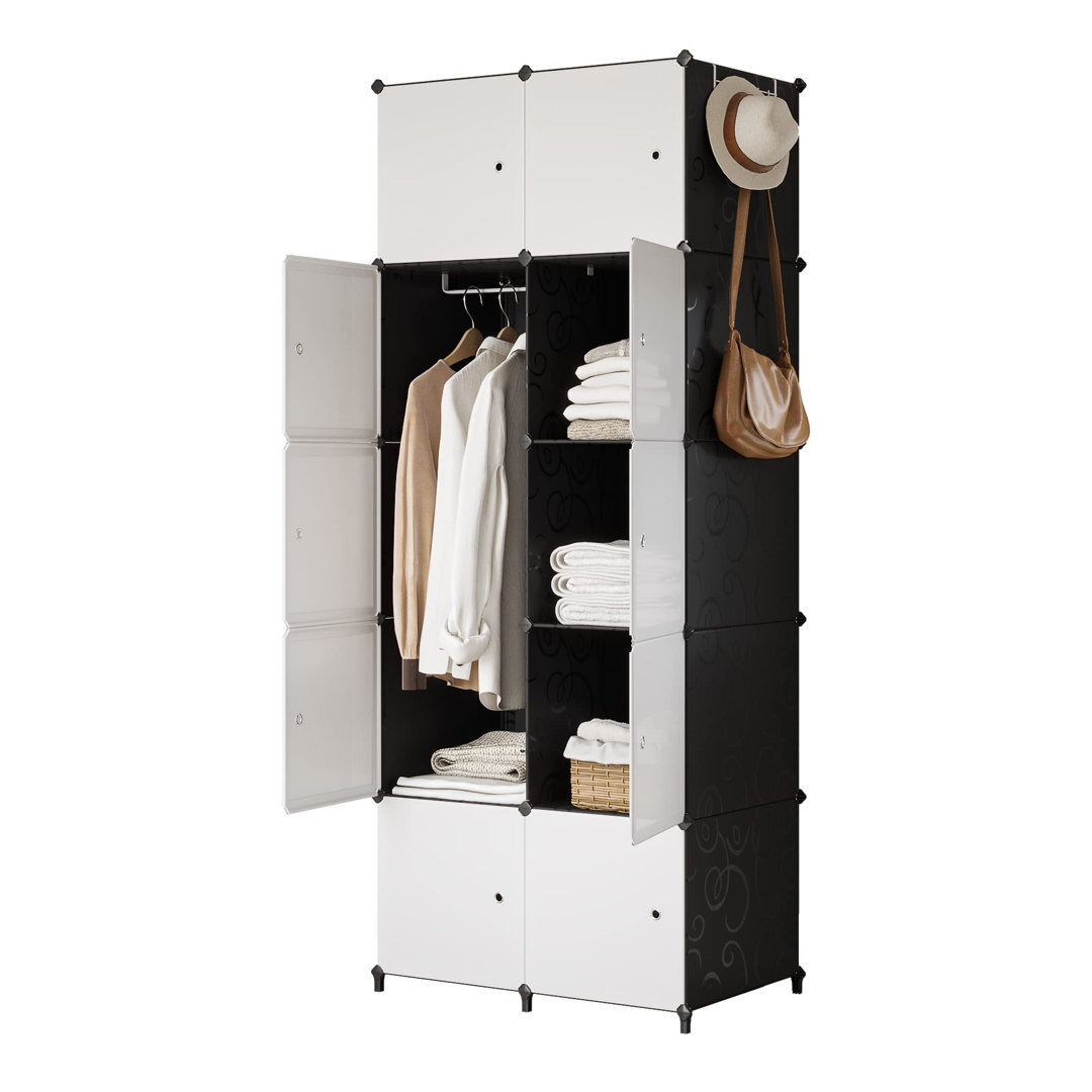 Portable Wardrobe For Bedroom Foldable Wardrobe With Clothes Hanging Rails, Plastic Combination Armoire Modular 10-Cube Cabinet For Clothes Shoes Toys